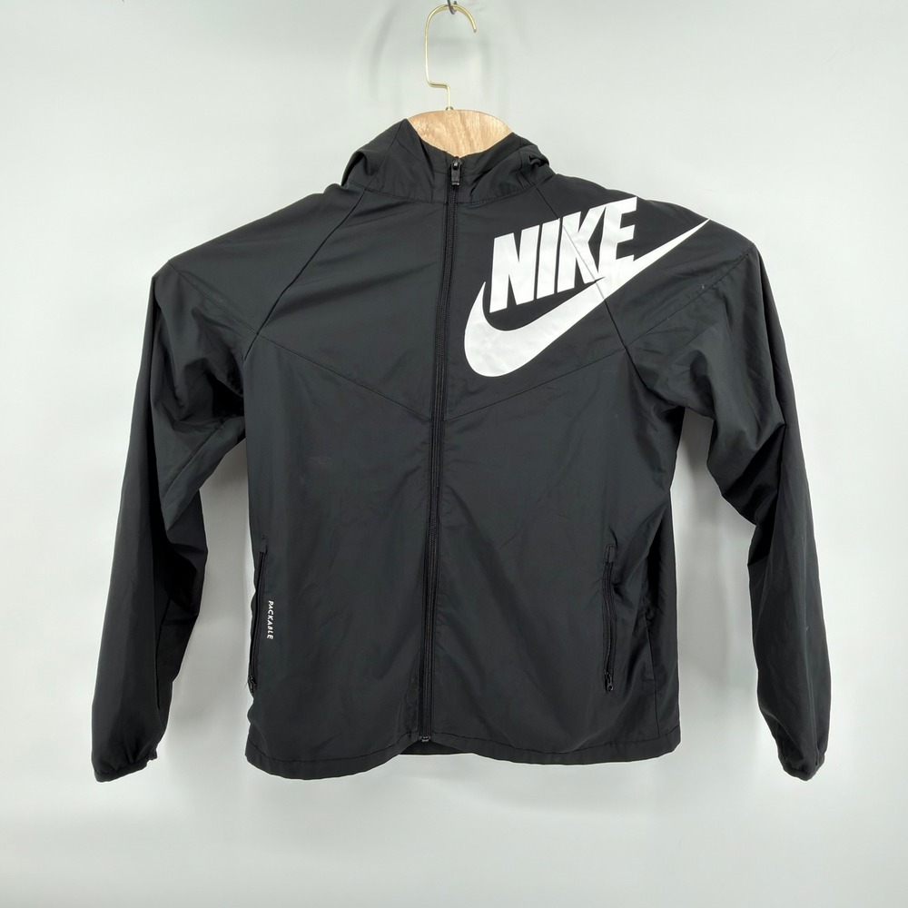 Nike Windbreaker Jacket Boys XL Black Packable Full Zip Hooded Futura Logo